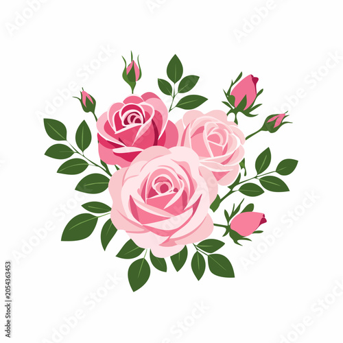 Pink Roses Bouquet with Green Leaves