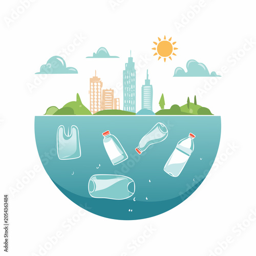 Plastic Pollution in Ocean with Cityscape