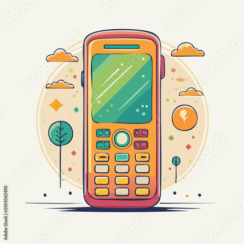 Retro mobile phone illustration with cartoonish elements