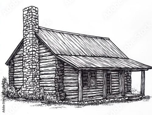 Black and white illustration of a simple log cabin with a stone chimney and porch