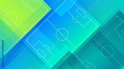 Soccer field layouts overlap diagonally in a colorful flat vector illustration.