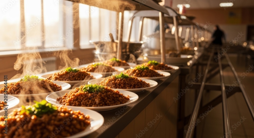 Obraz premium Steaming plates of buckwheat kasha served on a cafeteria counter in warm golden hour light, offering comforting communal meals.
