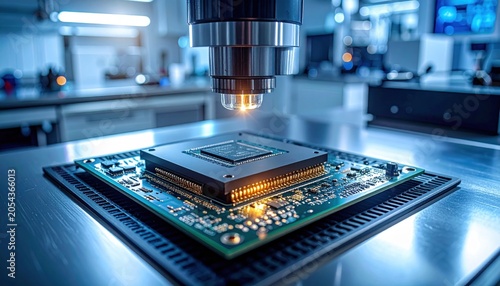 Advanced Optical Sensor Module Inspecting Microchip Processor on Circuit Board