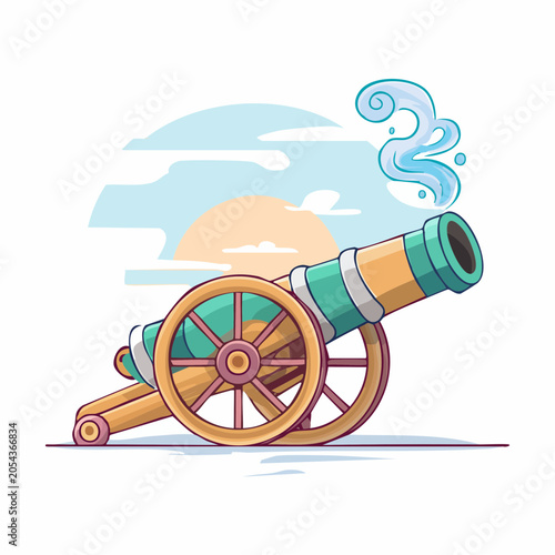 Cartoon Cannon Firing with Smoke and Sunset Background