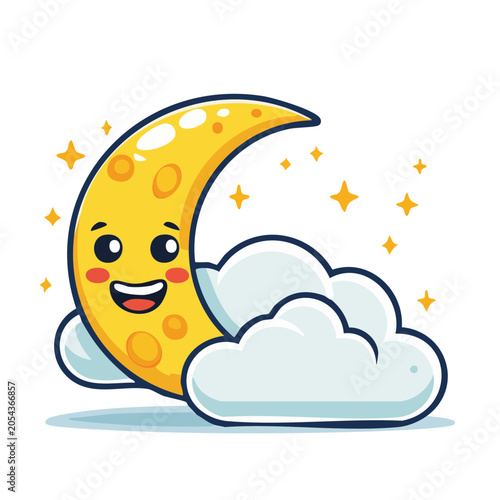 Cute Cartoon Crescent Moon with Cloud