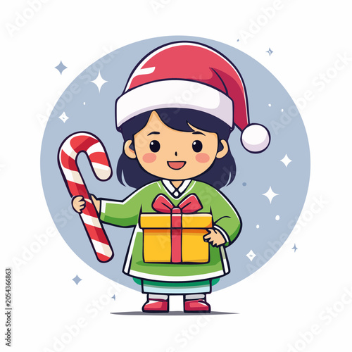 Cute Girl in Santa Hat Holding Candy Cane and Gift