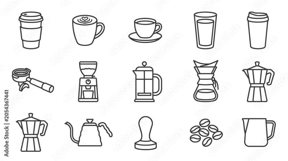 Obraz Set of black line coffee brewing equipment icons for morning cafe ritual including espresso machine french press stovetop pot and steaming mug