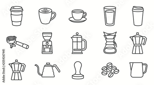 Set of black line coffee brewing equipment icons for morning cafe ritual including espresso machine french press stovetop pot and steaming mug