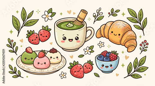 Kawaii Food Illustration Featuring Matcha Green Tea, Flaky Croissant, Sweet Strawberries, and Traditional Mochi Desserts