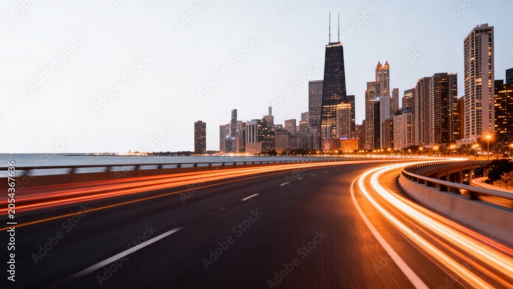 Fototapeta premium City skyline at dusk with light trails