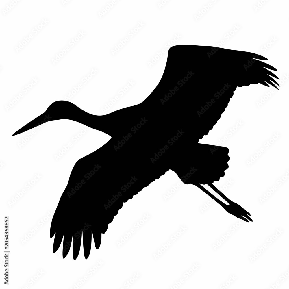 Obraz premium Flying stork black silhouette icon. Wild bird with spread wings vector illustration. Nature and wildlife graphic element isolated on white
