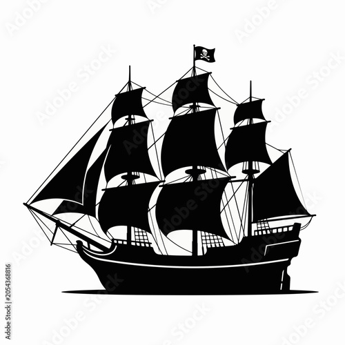 Pirate ship black silhouette icon. Minimalist flat design vector illustration. Vintage sailing vessel concept isolated on white background