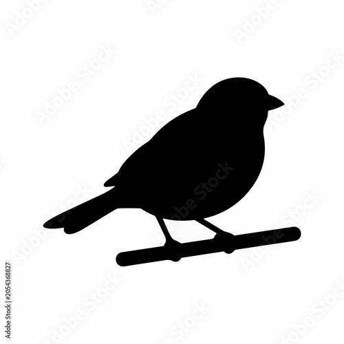 Small bird perched on a branch black silhouette. Wild sparrow or finch vector illustration. Nature and wildlife icon isolated on white