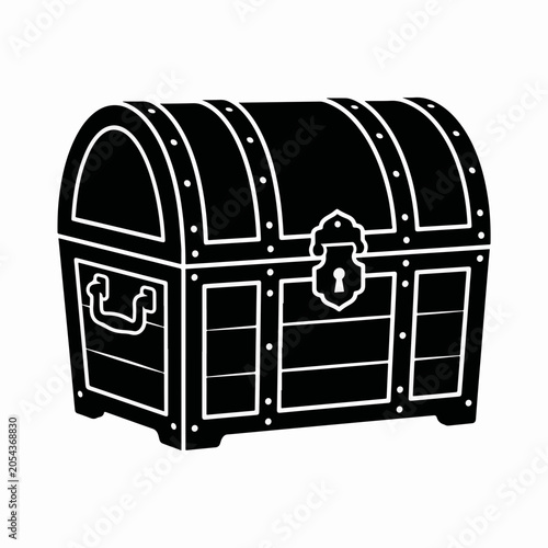 Treasure chest black silhouette icon. Vintage wooden box with lock vector illustration. Pirate wealth concept isolated on white background