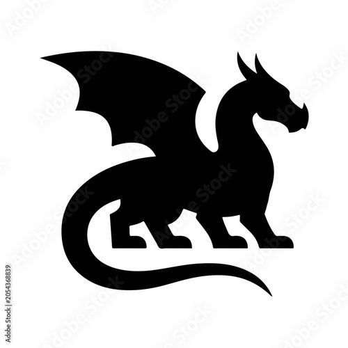 Mythical dragon black silhouette icon. Minimalist flat design vector illustration. Fantasy creature concept isolated on white background