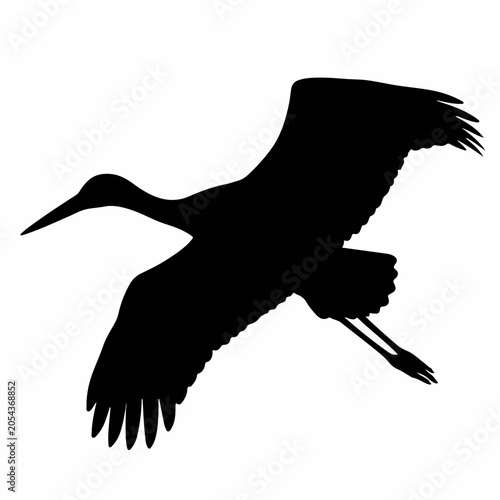 Flying stork black silhouette icon. Wild bird with spread wings vector illustration. Nature and wildlife graphic element isolated on white