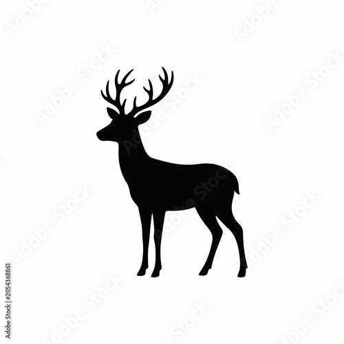 Standing deer with antlers black silhouette. Wild stag forest animal vector illustration. Nature and hunting graphic element isolated on white