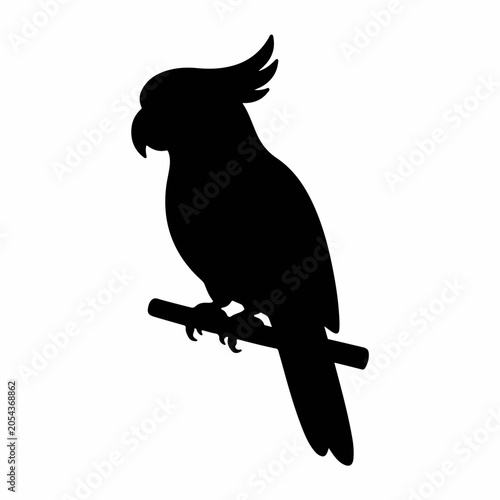Cockatoo parrot perched on a branch black silhouette. Tropical exotic bird vector illustration. Nature and wildlife icon isolated on white