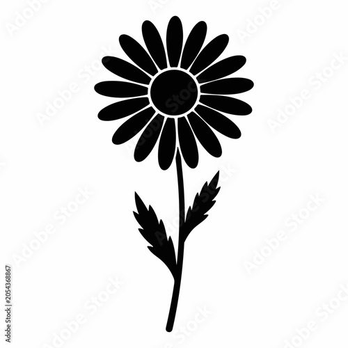 Daisy flower with stem and leaves black silhouette. Botanical chamomile vector illustration. Floral spring nature icon isolated on white
