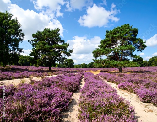 Vast purple flower field under a blue sky with fluffy clouds, featuring tall green trees and sunlight
