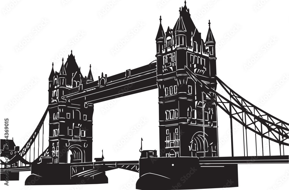 Obraz premium Black and white illustration of historic tower bridge over river in minimalist line art style, Generative Ai