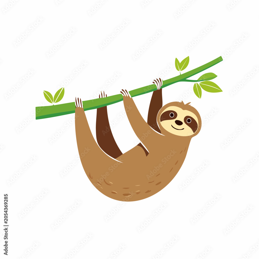 Obraz premium Cute cartoon sloth hanging from a tree branch