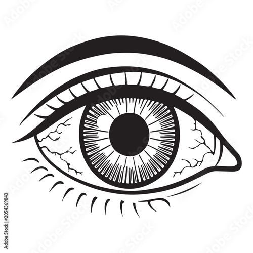 Black and white line art illustration of an irritated eye