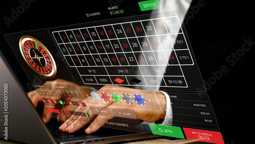 Online casino roulette game on laptop, internet gambling concept, digital betting interface with poker chips, live casino table, online gambling app