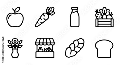 Obraz na płótnie Simple Line Art Food Icons: Fresh Produce, Bakery Goods, and Market Stall Vector