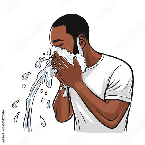 Man Washing Face with Water and Foam Illustration