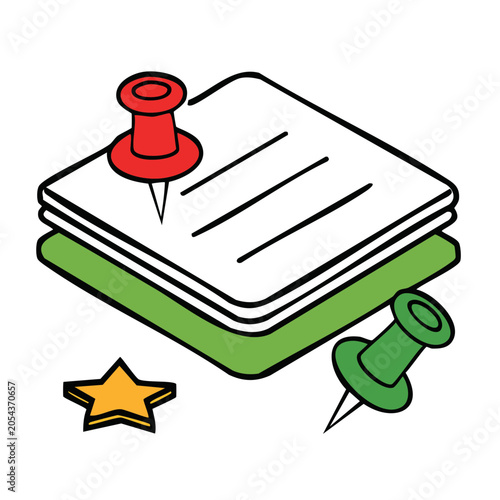 Push pin on paper stack vector illustration