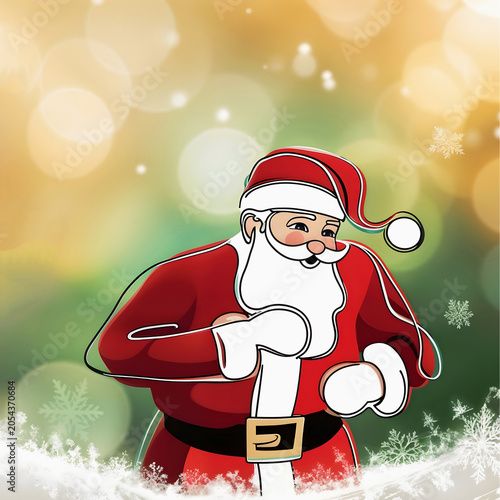 Santa Claus with a reindeer illustration on a festive snowy background with snowflakes