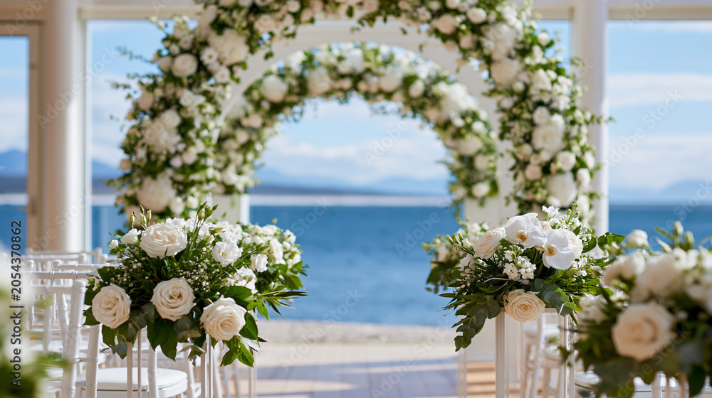 Fototapeta premium White floral archway decorated aisle indoors with rich green plant bouquets leading to an ocean view, elegant wedding ceremony setting concept, defocused, with copy space