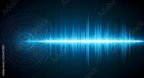 Glowing blue digital sound wave visualization featuring concentric circular patterns and sharp oscillating frequency lines on a dark black background