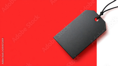 Black textured price tag with string, set against a vibrant red and white background, for product labeling or sales.