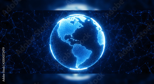 Glowing blue digital globe constructed from bright particles and interconnected data nodes floating against a dark abstract network background scene