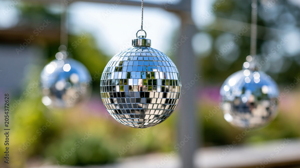 Obraz premium Premium silver mirror disco ball hanging ornaments for a wedding glamour and retro party atmosphere, event decor and nightclub lighting concept, defocused, with copy space
