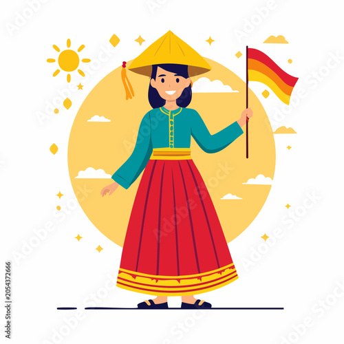 Woman in Traditional Vietnamese Ao Dai and Conical Hat Holding a Flag
