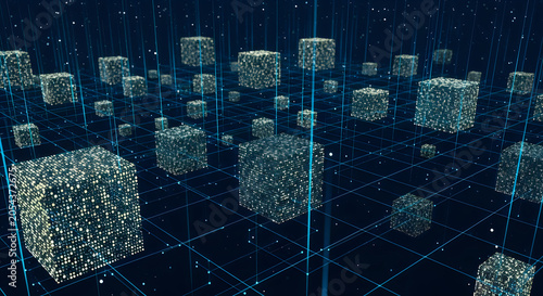 Glowing digital cubes float above a dark blue technological grid representing big data processing and complex artificial intelligence network structures