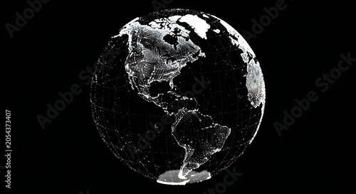 Digital earth globe rendered with glowing white dots and interconnected lines showing global networking connectivity against a dark black background