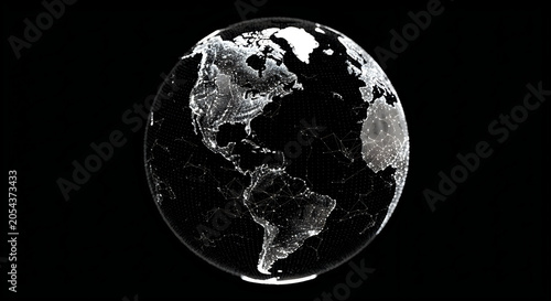 Glowing digital globe showing connected continents with bright white data nodes isolated against a deep black background for modern technology