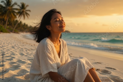 Young Southeast Asian Woman Relaxing on Tropical Beach at Golden Hour