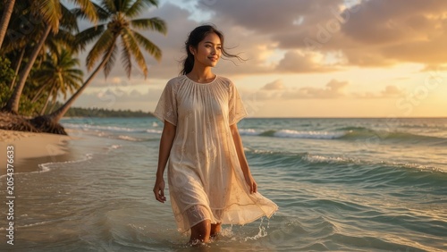 Young Southeast Asian Woman Walking on Tropical Beach at Golden Hour