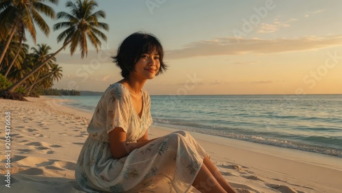 Young Southeast Asian Woman Relaxing on Tropical Beach at Golden Hour
