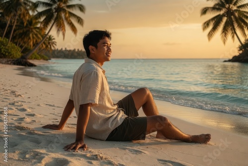 Peaceful Asian Man Sitting on White Sand Beach During Sunset