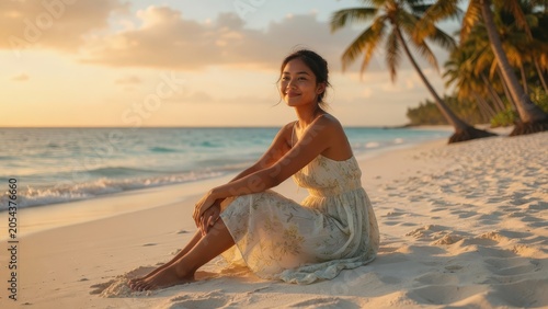 Young Southeast Asian Woman Relaxing on Tropical Beach at Golden Hour