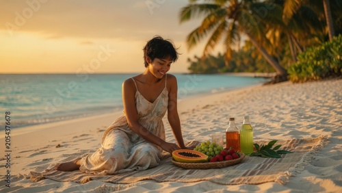 Young Southeast Asian Woman Enjoying Picnic on Tropical Beach