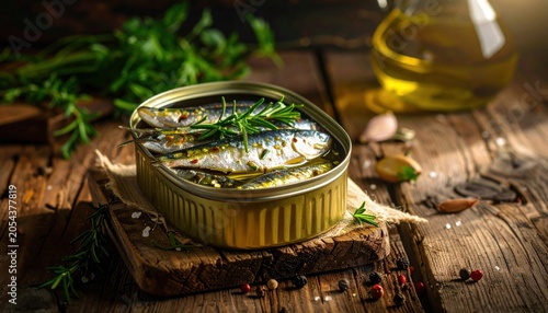 Obraz w ramie A close-up view of opened tin of sardines packed in olive oil, artfully garnished with rosemary and herbs on a rustic wooden surface, perfect for culinary inspiration.