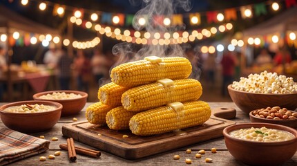 A delicious stack of steaming hot corn on the cob with melting butter on a wooden board at a festive outdoor fair with blurred fairy lights in the background.