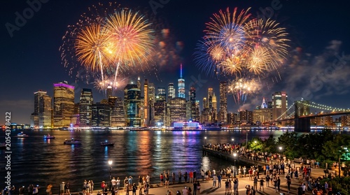 New york city skyline fireworks display over hudson river